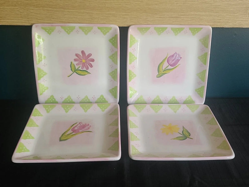FTD Porcelain 7.5" Square Plates, Different Tulip Sunflowers 4 Of Them EUC Sunflower