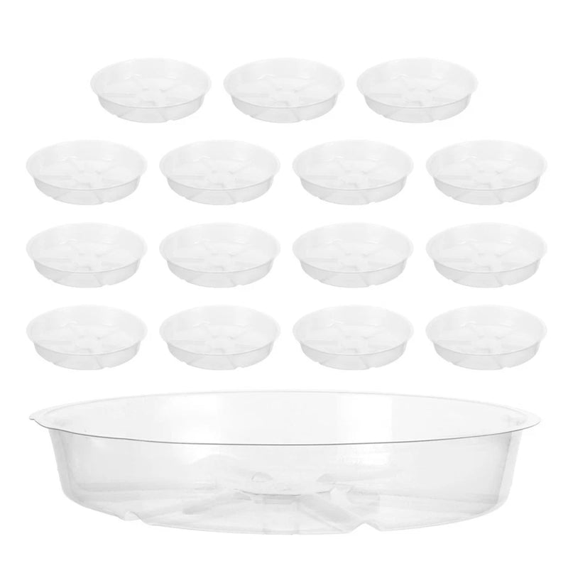 Set of round white plant pot trays, clear rim, stackable for outdoor planters