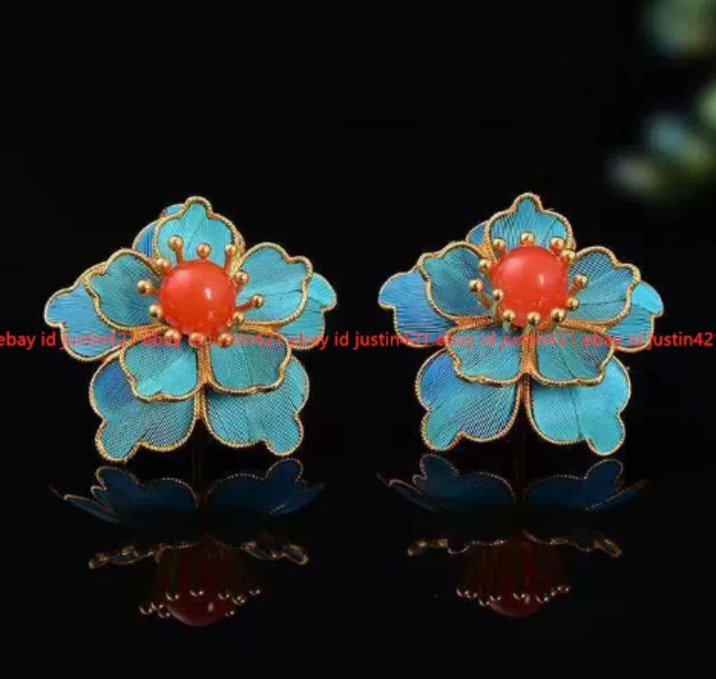 Original Handmade Inlaid Cloisonn ƒ Peony Flower Palace Retro Classical Earrings Peony