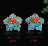 Original Handmade Inlaid Cloisonn ƒ Peony Flower Palace Retro Classical Earrings Peony