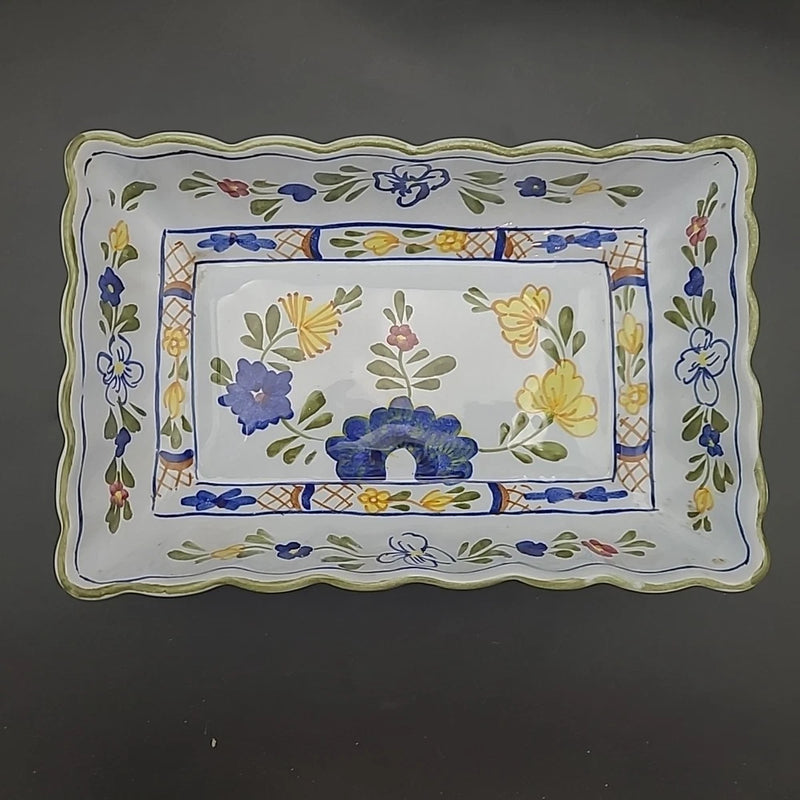 Rectangular serving casserole dish with white base, blue floral pattern, green-trim border
