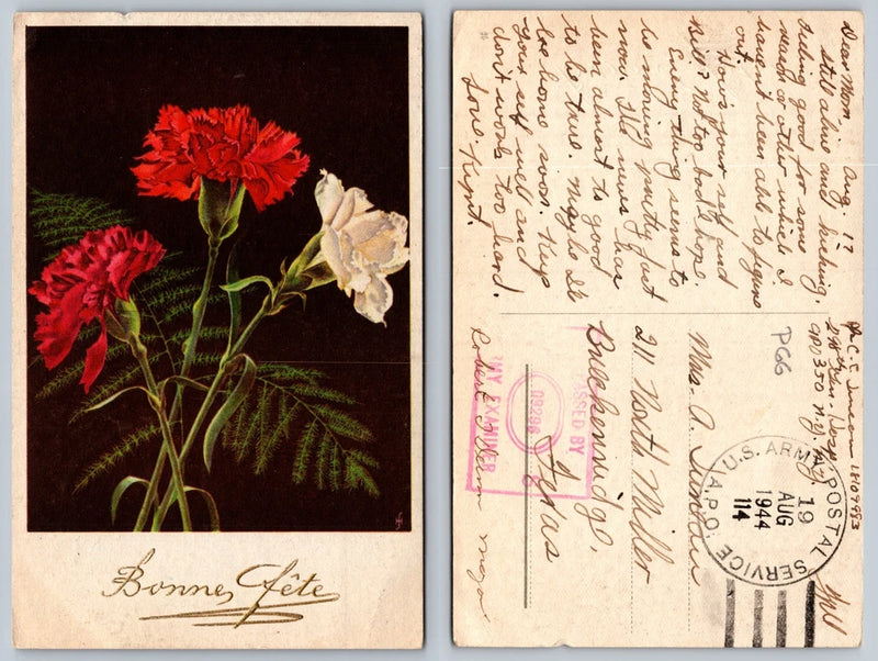 Carnation flowers postcard with red and white blooms, “Bonne Fete” text, stamp