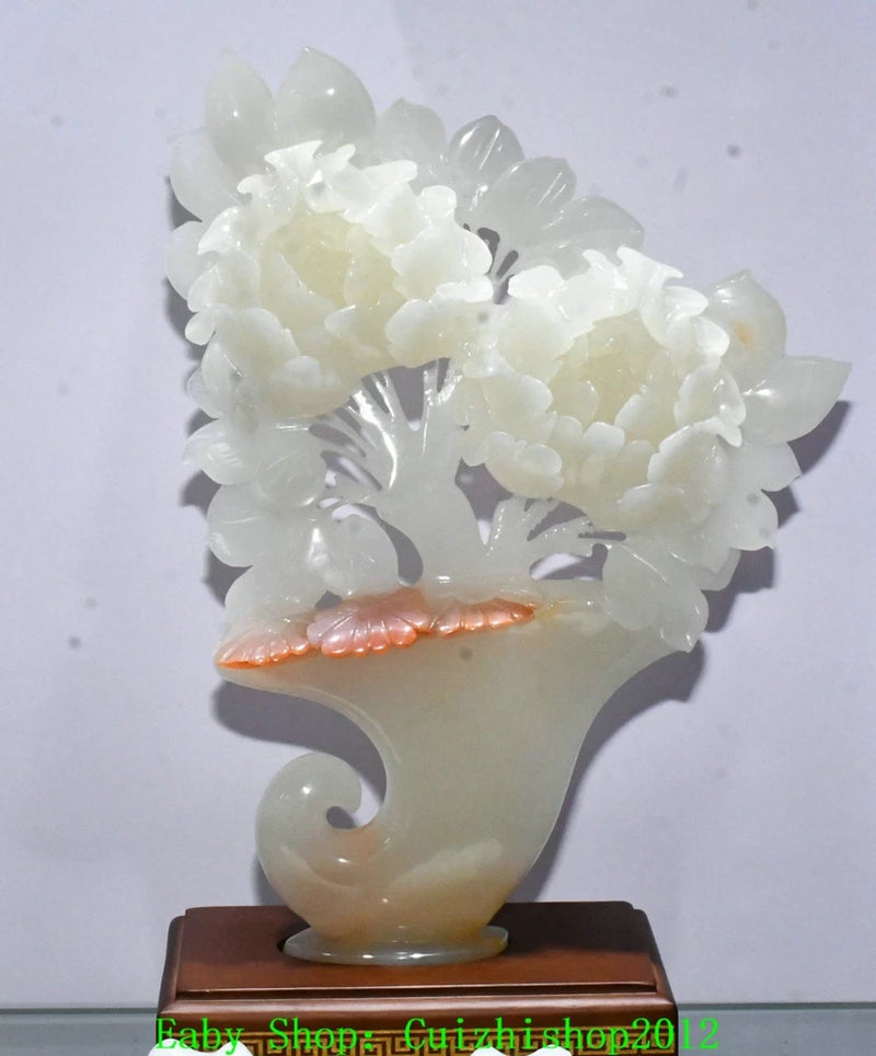 Natural white jade carved peony flower statue on square base