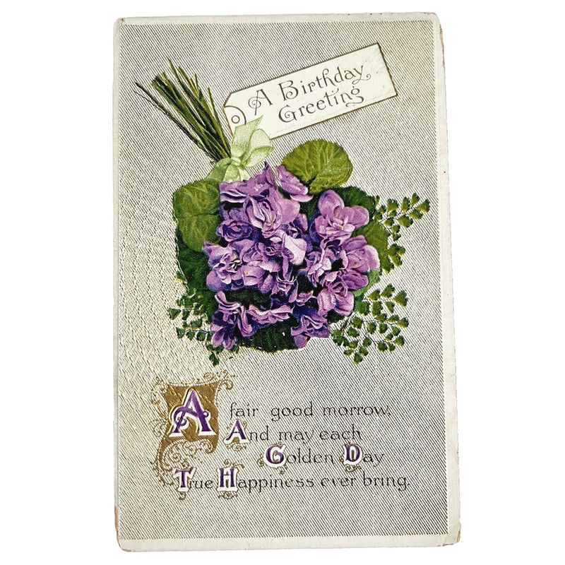 Postcard Birthday Greeting Hydrangea Snowball Flower Purple Gold Gilt Embossed Hydrangea