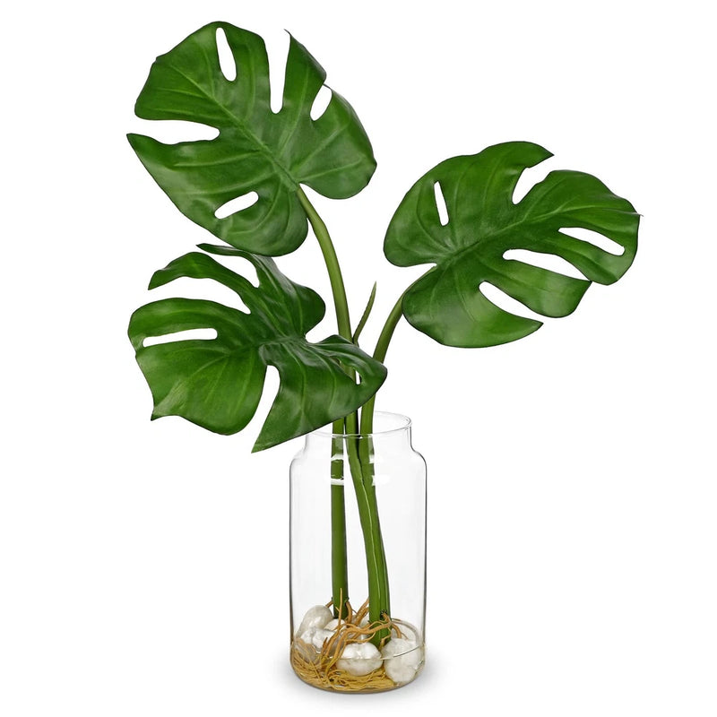 Artificial Monstera Leaves Plant in Glass Vase with Faux Water & Pebble - 16.... Green Plant