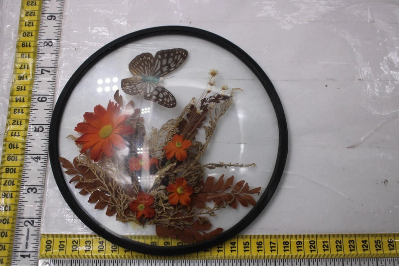 Dried flower butterfly centerpiece in round glass dome with orange and brown blooms