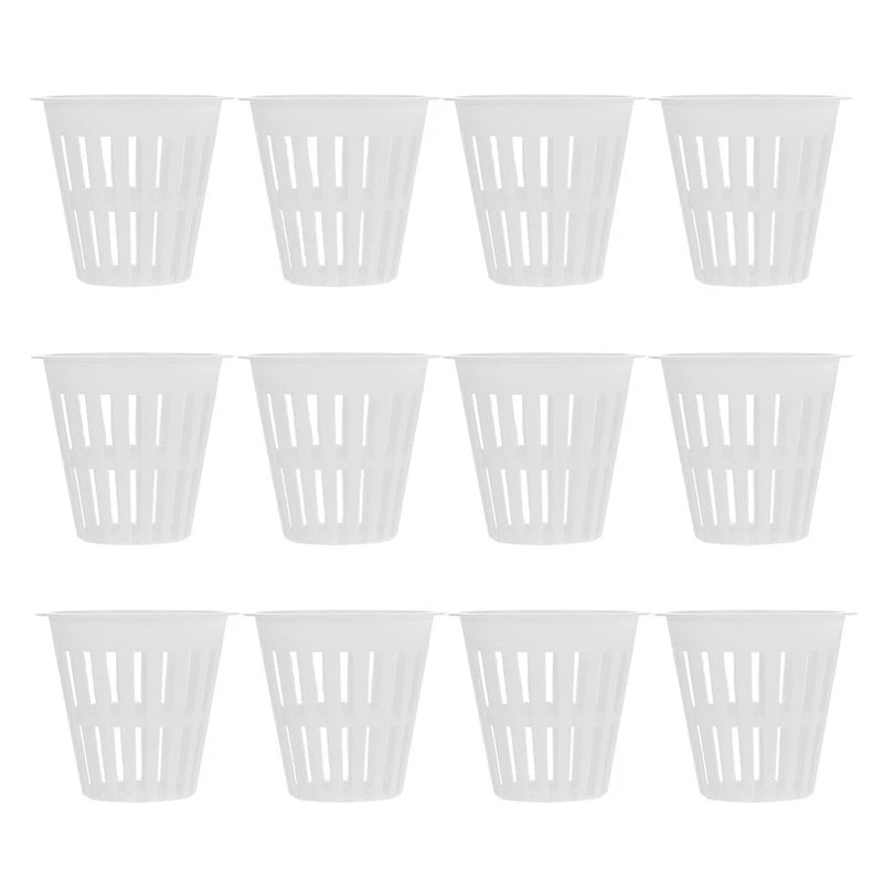 Set of 12 white plastic hydroponic mesh net pots, basket-style