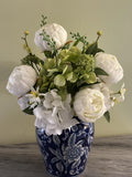 White Peonies Silk Flowers In Cobalt Blue Vase Decor Stands Approx 17Ó Tall Peony