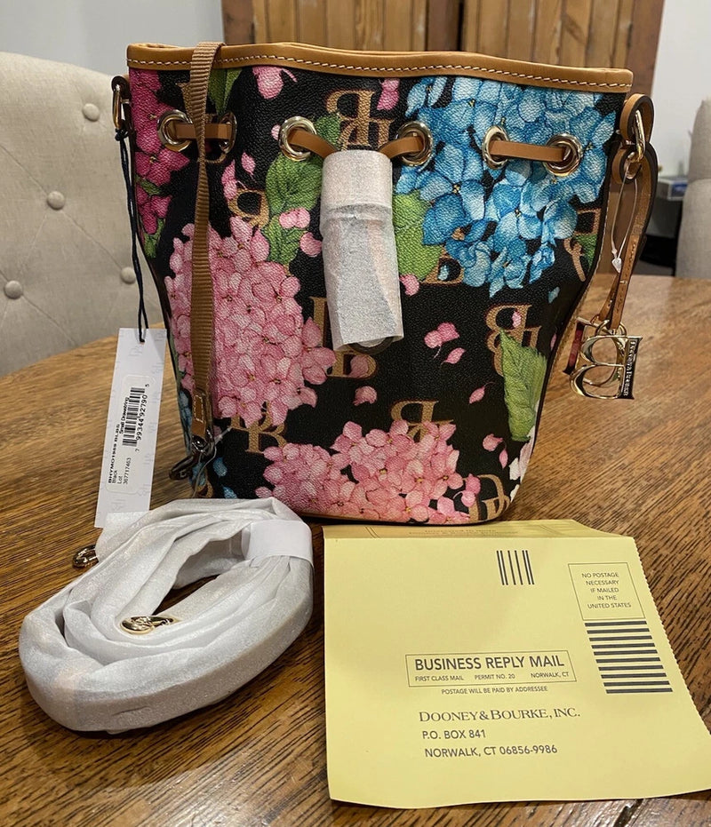 DOONEY & BOURKE Black Hydrangea Small Drawstring Crossbody Handbag Purse NEW! Hydrangea