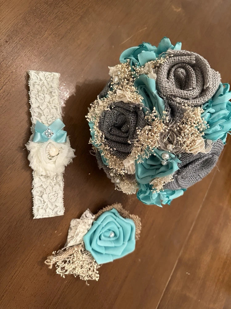 Handmade bridal bouquet and boutonniere set with teal satin and gray burlap roses