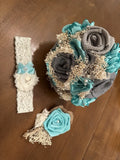 Beautiful Handmade Bridal Bouquet &Boutonni�re Set W/Spa Blue Satin, Burlap&Lace Bouquet