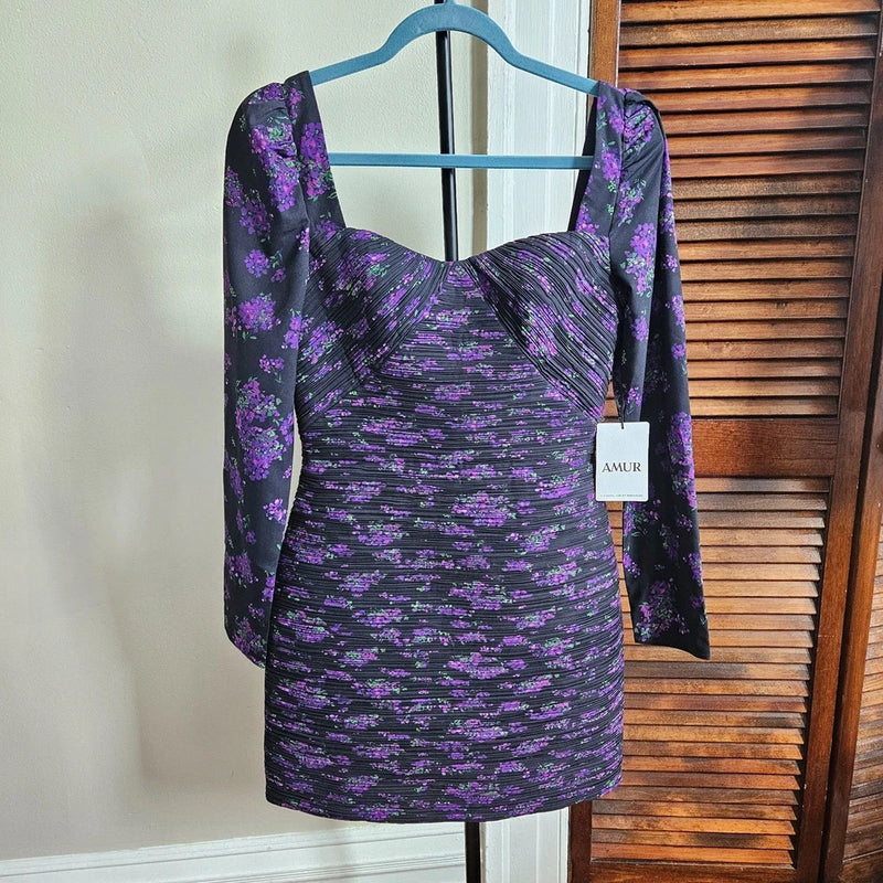 AMUR Giulia Pleated Mini Bodycon Dress Hydrangea Berry Floral Size 2 NWT $498 Hydrangea