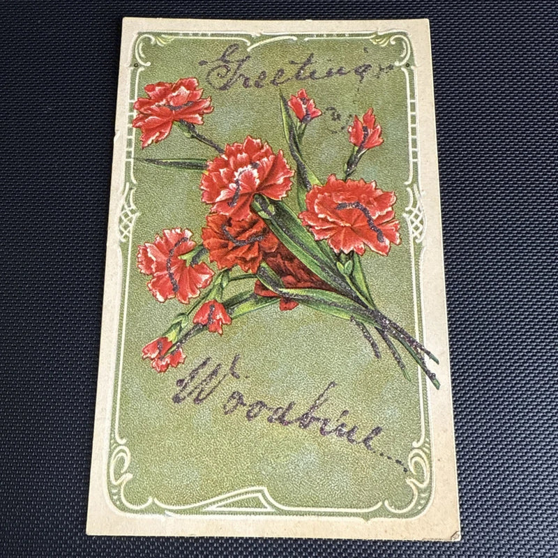 Vintage greeting postcard with embossed glitter red carnations on green background