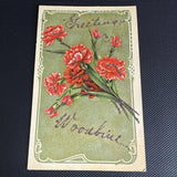 c1907 Greetings From Woodbine Red Carnation Embossed Glitter Posted Postcard Carnation
