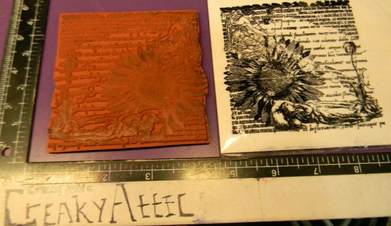 Sunflower flower words woman rubber stamp block, raised textured design in orange