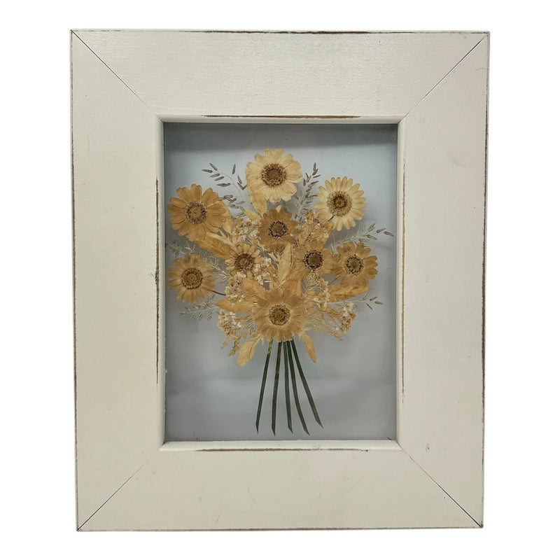 Vintage Pressed Daisy Bouquet Floating Double Glass Cream Wood Frame 9_ x 11_ Dried Flower