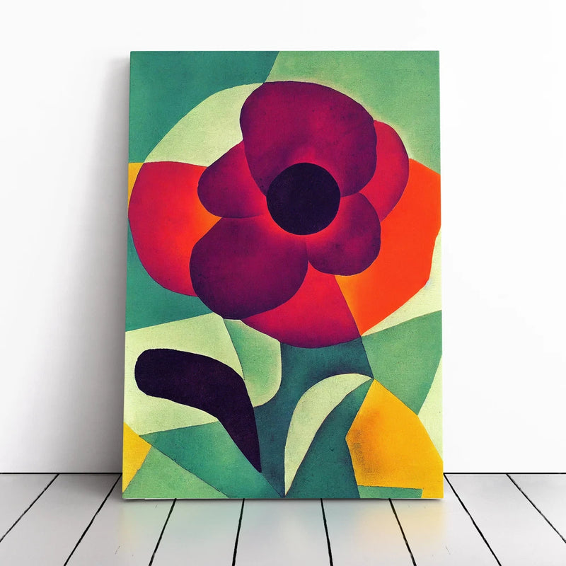 Framed abstract peony flower canvas wall art with red, purple, green tones