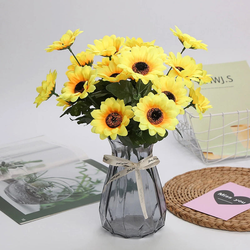 Artificial sunflower faux flowers bouquet in silver faceted vase