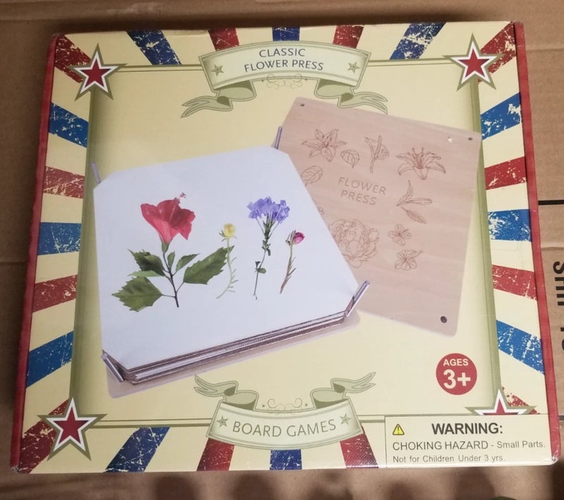 Large wooden flower pressing kit box with flower press sheets and preserved flower samples