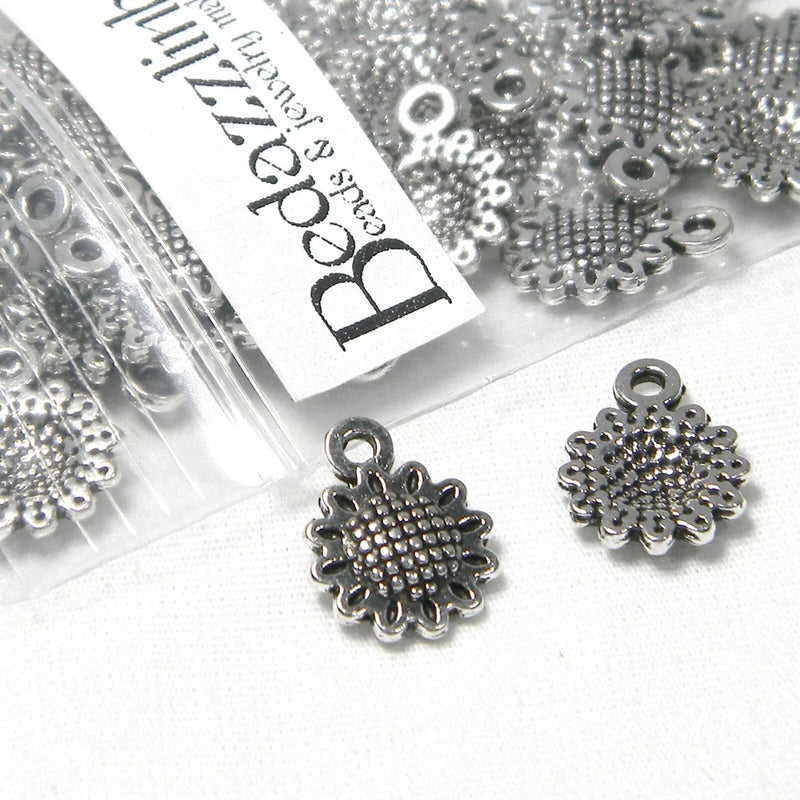 30 Antique Silver Metal Little 1/2 inch Sunflower Basket Weave Flower Charms Sunflower
