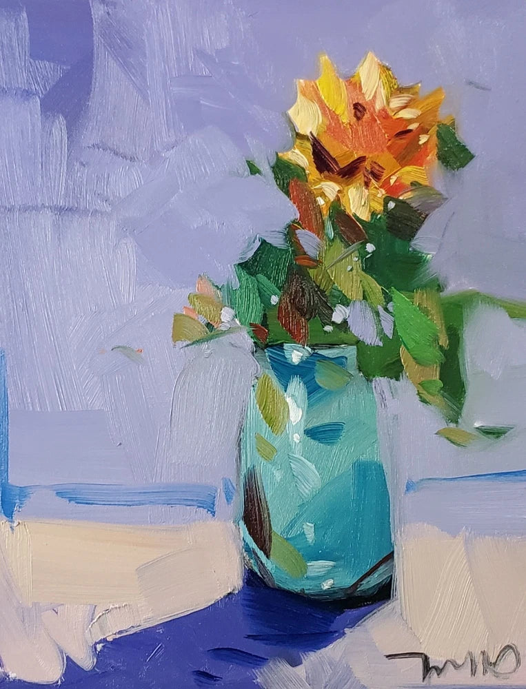 Sunflower still life art print: yellow sunflowers in blue vase, impressionist brushstrokes
