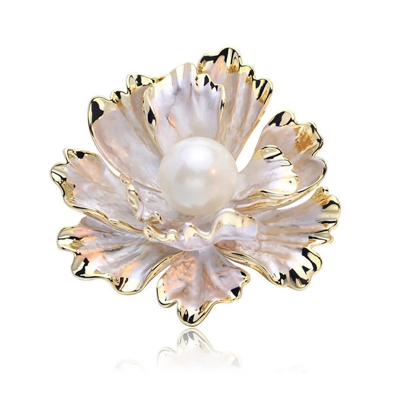 Peony flower brooch with white pearl center and gold-tone petal trim
