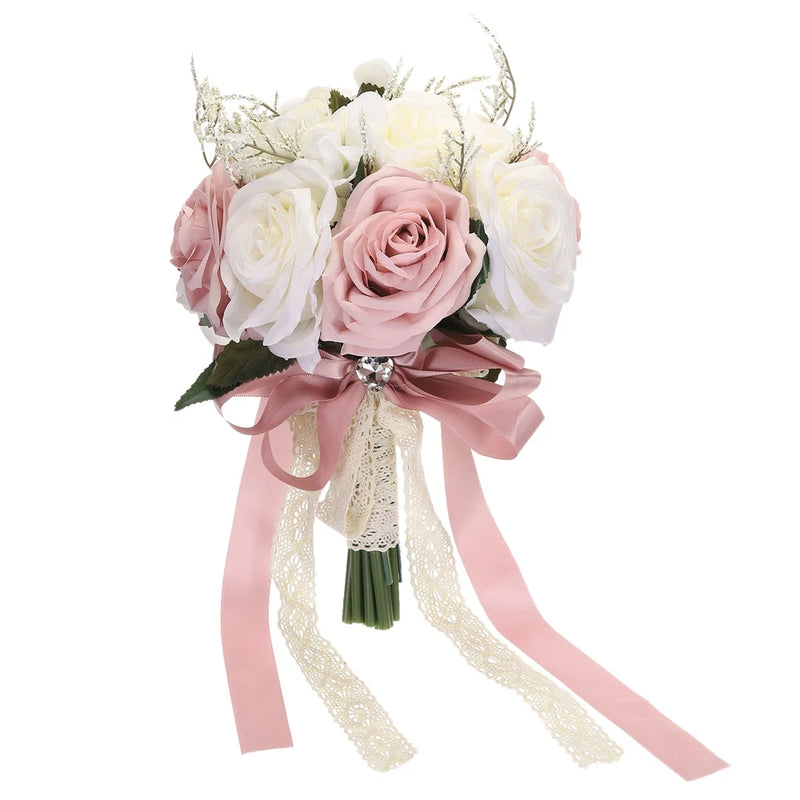 Artificial Bridal Bouquet Wedding Bouquets with Silk Ribbon White Coffee Powder Bouquet