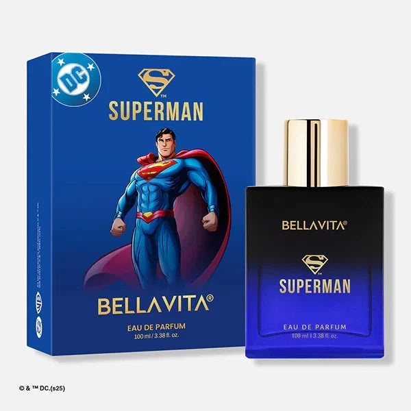Bellavita Superman eau de parfum bottle with gold cap and matching blue product box