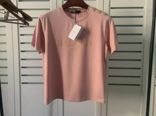 Pink women’s short-sleeve T-shirt with Balmain letter logo print