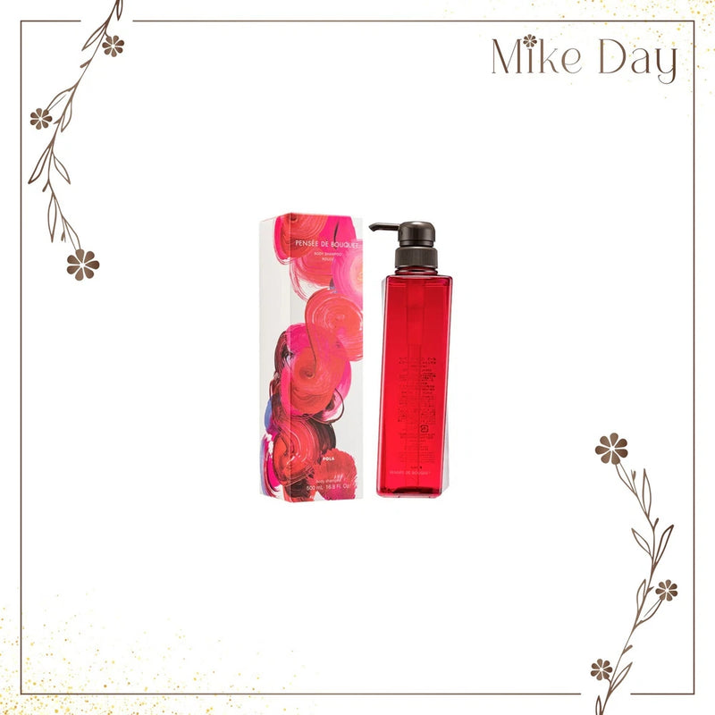 POLA floral body shampoo bottle, red bottle with pump cap