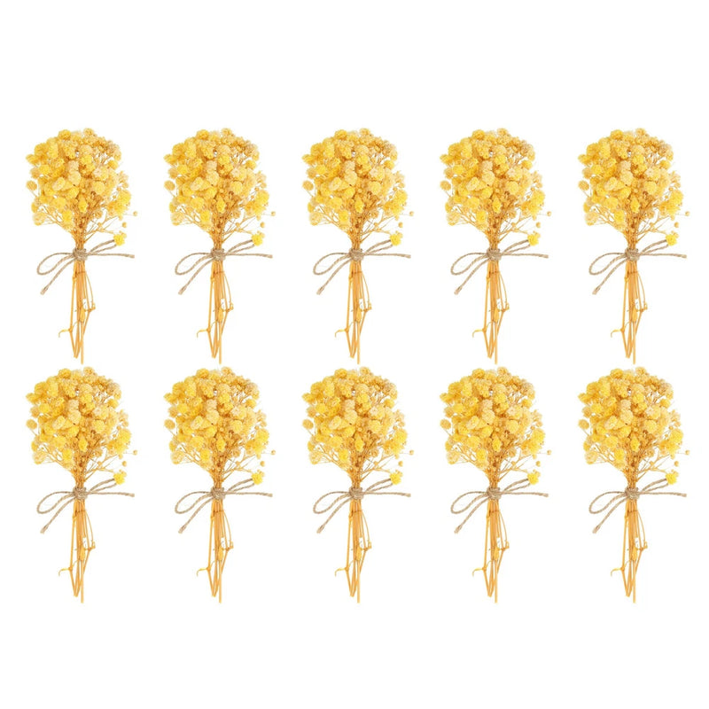 Set of 10 mini dried flower bouquets, yellow baby's breath clusters tied with twine