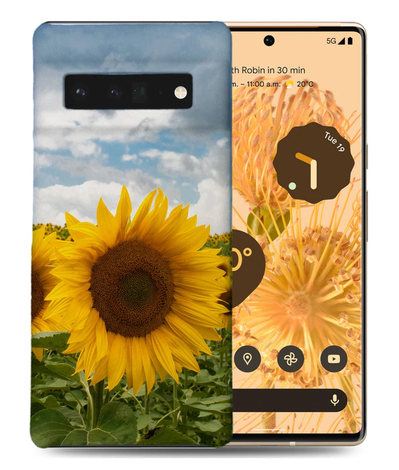 Google Pixel phone case with sunflower print, camera cutout on top left
