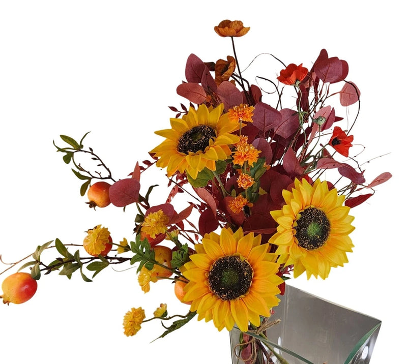 Artificial sunflower floral arrangement with yellow blooms and burgundy red foliage
