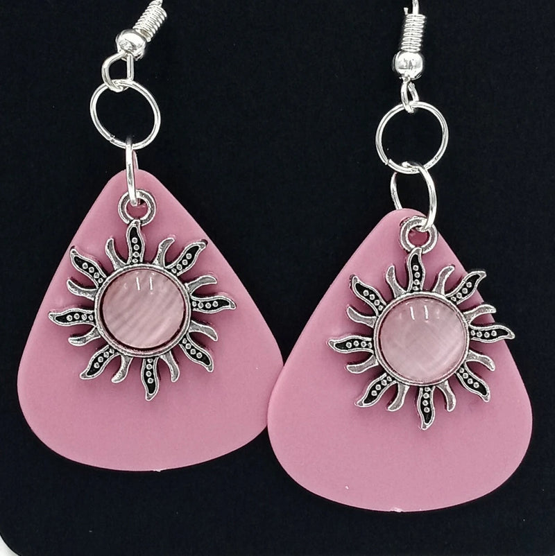 Pink teardrop dangle earrings with sunflower sunburst and round center, silver hooks