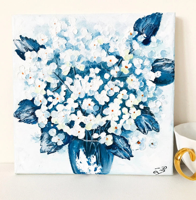 Impasto Original Art Hydrangea Painting Book Shelf Decor Unique Gift Ideas 8x8" Hydrangea