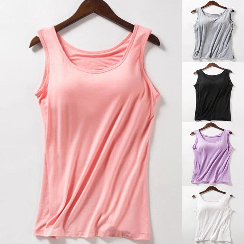 Women's pink stretch camisole tank top with built-in bra, sleeveless