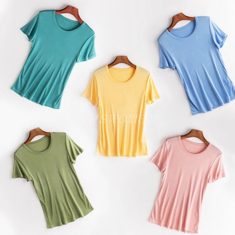 Women's silk short-sleeve T-shirts in teal, blue, yellow, green, and pink