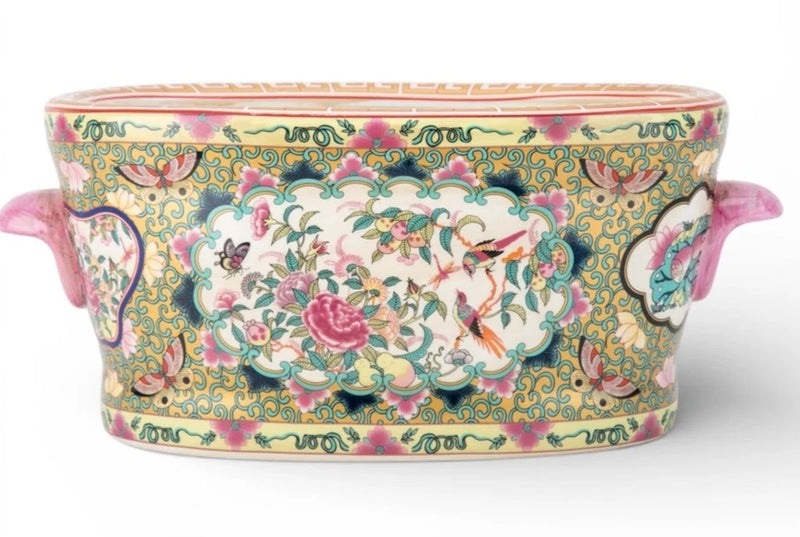 Vintage Chinese rose medallion footbath planter with pink floral pattern and side handles