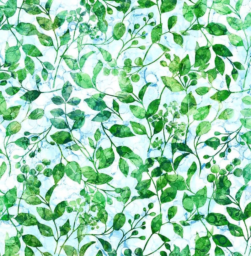 Northcott - Concerto - Trailing Leaves - Pale Blue/Green, Fabric BTY Flowering Plants