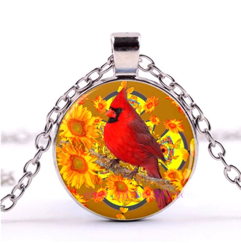 Sterling silver sunflower cardinal pendant necklace with round red bird charm