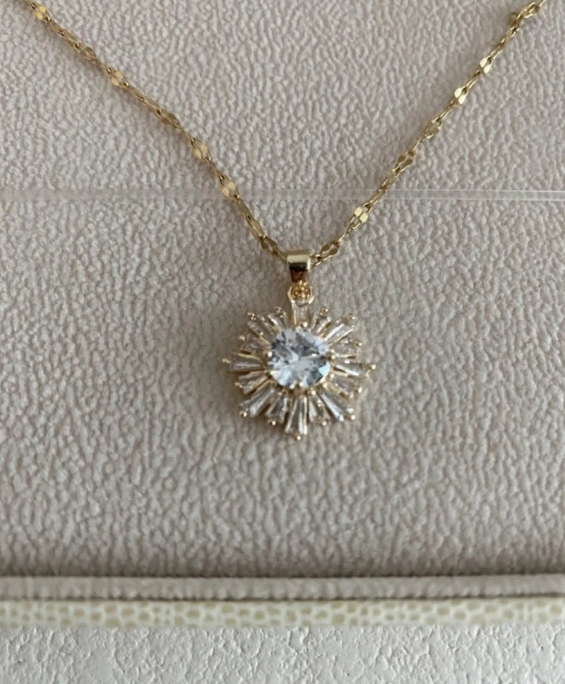Gold-plated sunflower pendant necklace with round crystal center and chain