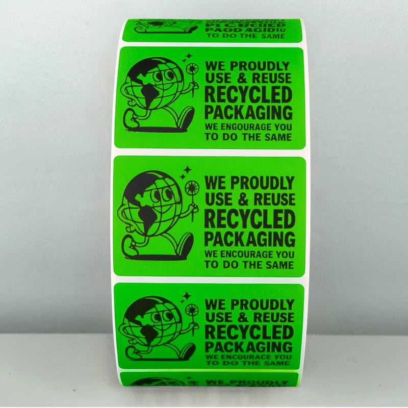 Green recycled packaging stickers with Use & Reuse message and outline icons