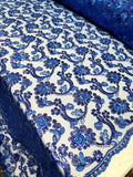 Royal Blue Corded Lace Fabric by the Yard - Embroidered with Sequins on Mesh Flowering Plants