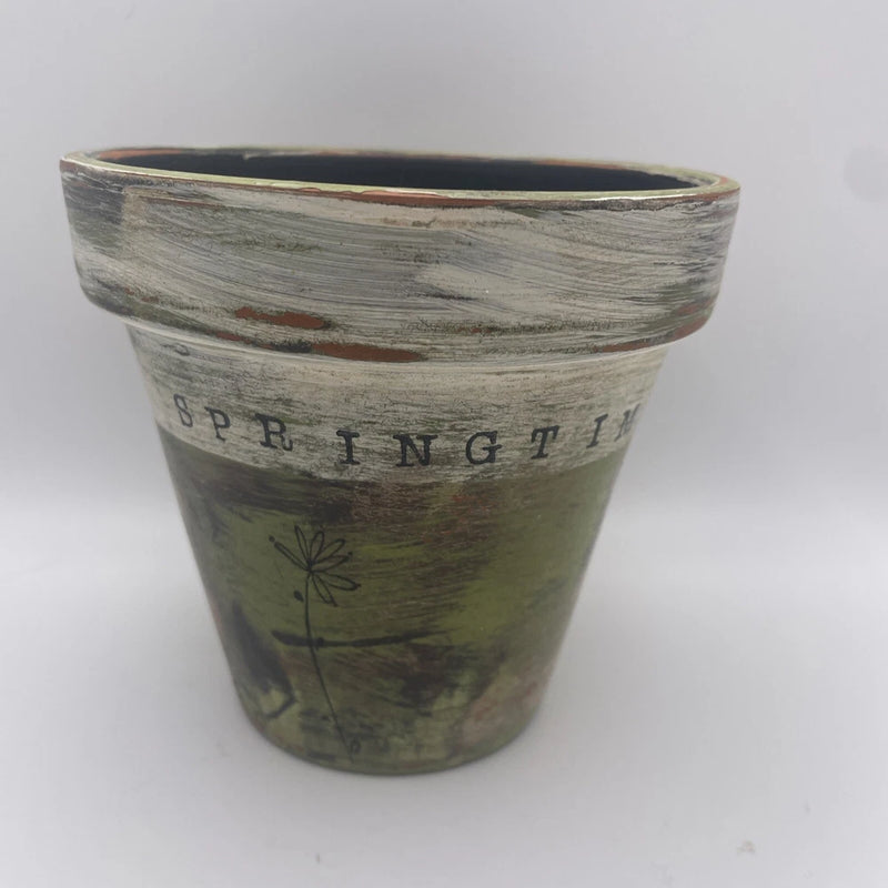 Garden Clay Flower Pot 5Ó  Springtime Hand painted Earthy Tones Rustic Cottage Garden Plants