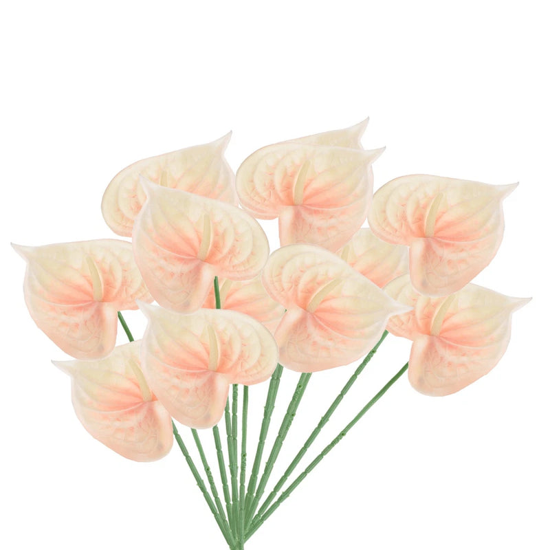 Artificial light orange anthurium lily flower bouquet with green stems, multiple blooms