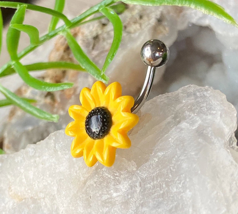 Yellow Sunflower Belly Ring Piercing Navel Naval Flower Surgical Steel Jewelry Sunflower