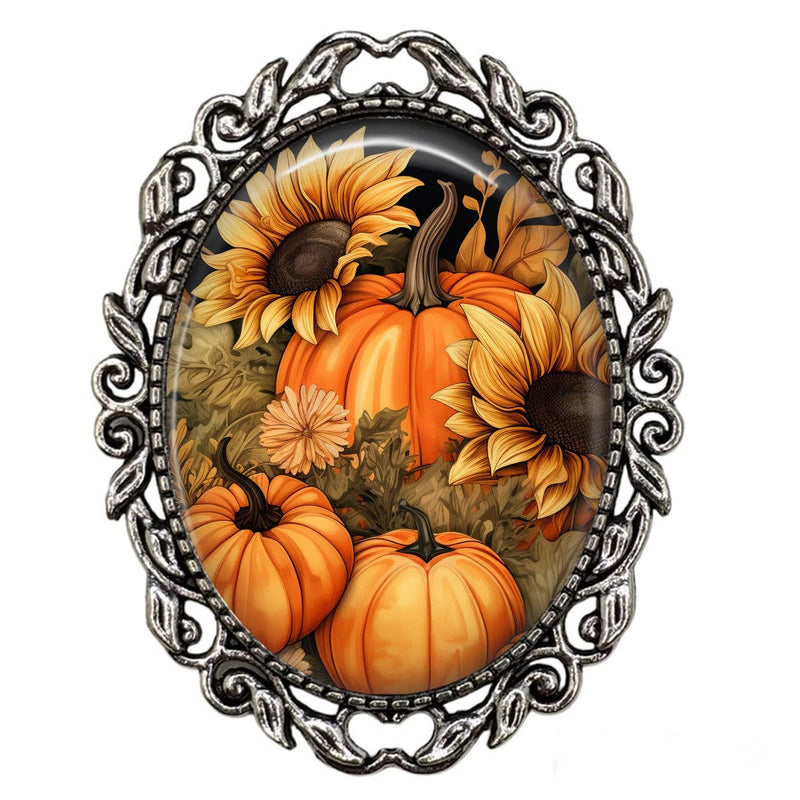 Fall Harvest Sunflowers Watercolor Print Brooch Thanksgiving Autumn Pumpkins Pin Sunflower