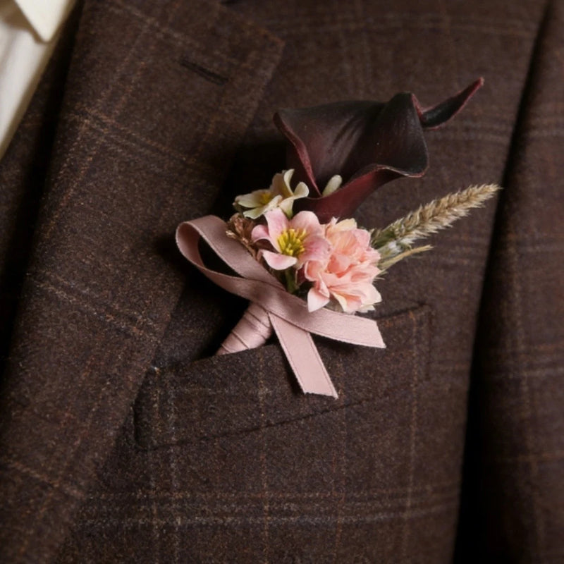 Pink and burgundy flower boutonniere with ribbon for wedding lapel pin
