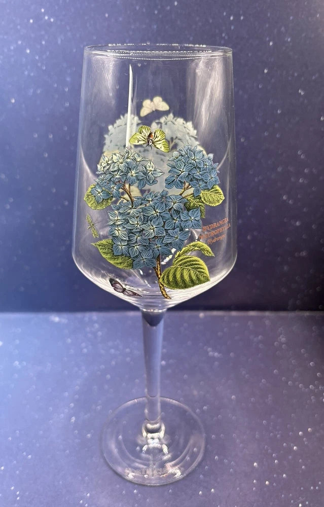 Portmeirion Botanic Garden Wine Glass 16 oz Blue Hydrangea Dragonfly Butterfly Hydrangea