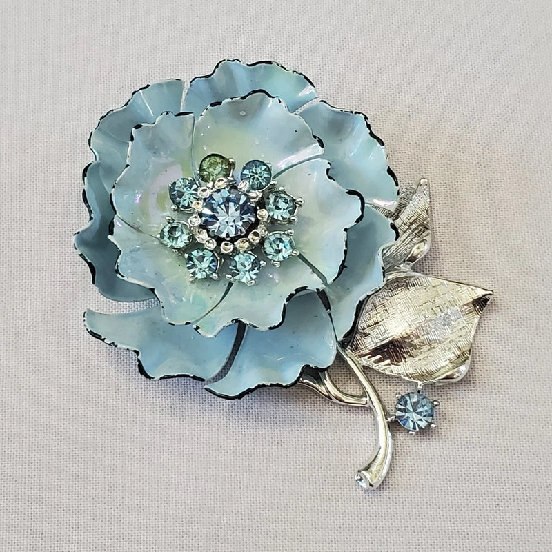 Vtg CORO Silver Enameled Blue Rhinestones Carnation Flower Brooch Pin Carnation